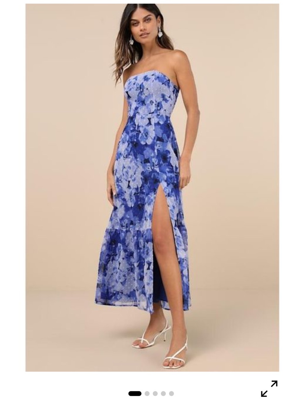 Strapless Blue Floral Maxi Dress with Side Slit